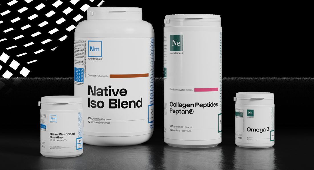 Gamme Nutrimuscle : Native Iso Blend, créatine Creapure, collagène et oméga 3